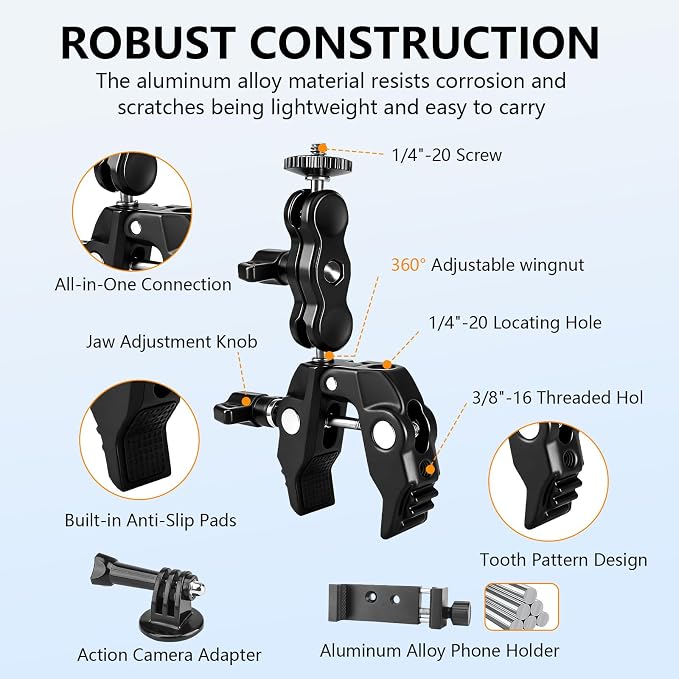 Chelhead Super Clamp Camera Mount with Phone Holder for Up to 3" Tubes | Dual 1/4"-20 & 3/8"-16 Threads, Compatible with DSLR Cameras, Action Cameras, LED Lights, Gimbals & Tripods - Image 7