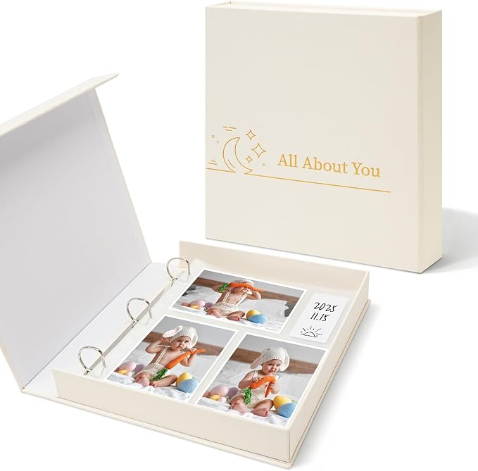 4x6 Photo Storage Box with 3-Ring Slip-In Album, Linen Binder Organizer with Gold Foil Cover, Holds 310 Photos with Blank Memo Cards for Memories & Keepsakes, Beige by Hiwhy