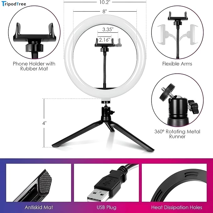 10" Selfie Ring Light with 4" Desktop Tripod Stand & 1 Phone Holder, LED Ringlight with Dimmable Modes(RGB) for Makeup/Photography/Videos/Vlog/TikTok (STDLR10-V2) - Image 3
