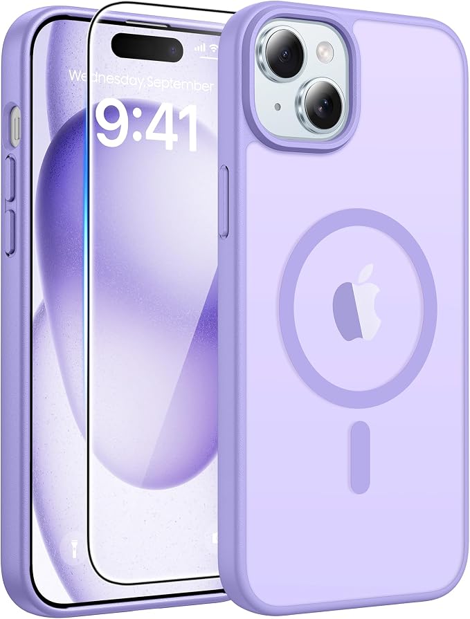 FNTCASE for iPhone 15/14/13 Case, Fit for Magsafe, Glass Screen Protector | Translucent Matte, Magnetic Phone Cases, 14FT Military Grade Drop Protection, Slim Shockproof Protective Cover, Light Purple by FNTCASE