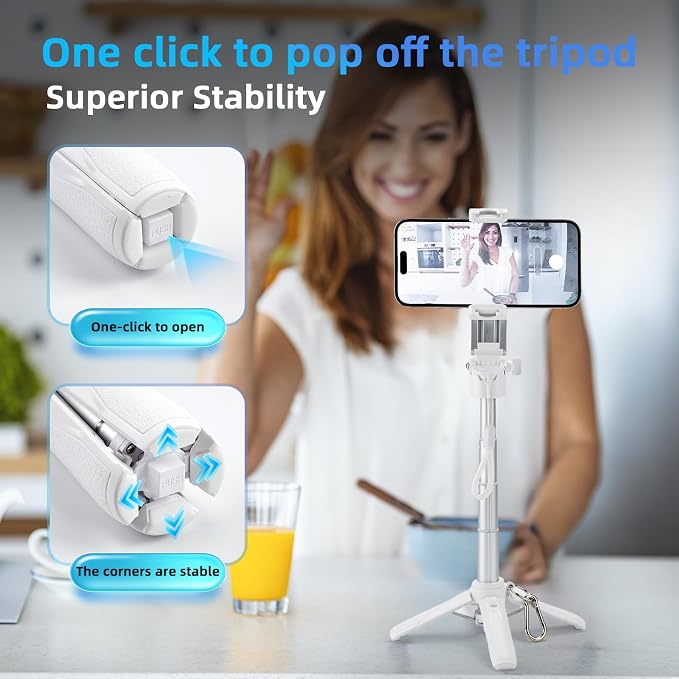 MQOUNY for Magsafe Tripod Stand for iPhone,Portable Pocket Size Selfie Stick with Rechargeable Remote and Metal Ring,Extendable Detachable Cell Phone Tripod Compatible with iPhone/Android (White) - Image 5