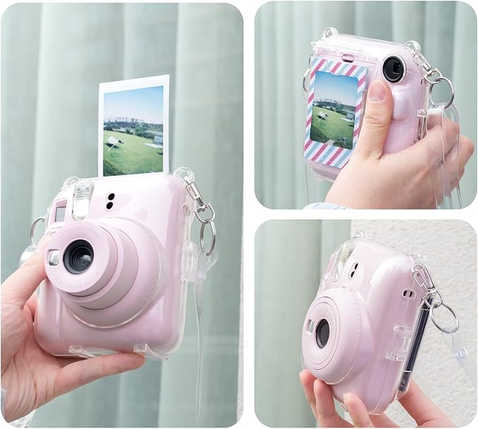 Rieibi Instax Mini 12 Accessories Gift Bundle: Clear Case with Strap, Photo Album, Selfie Mirror, Color Filters, DIY Stickers - Pink - Image 2