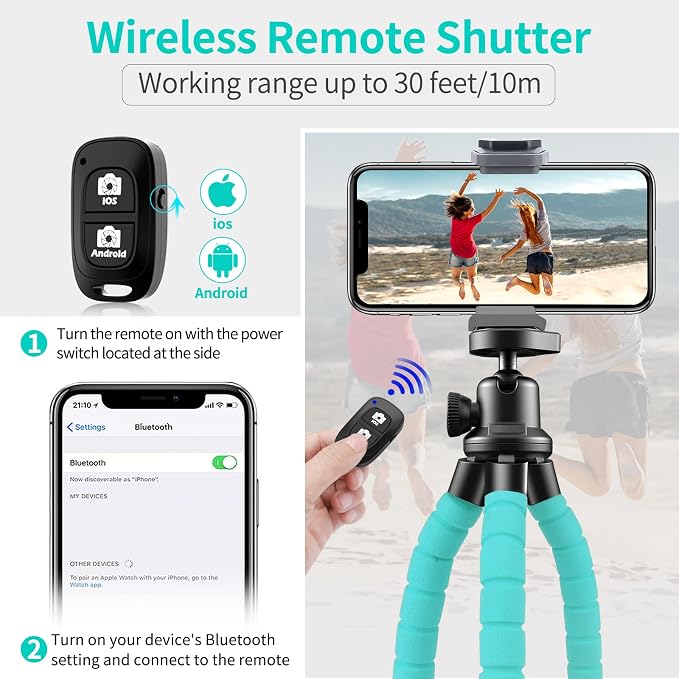 Aureday Phone Tripod, Flexible Tripod for iPhone and Android, Portable with Wireless Remote and Clip for Video Recording/Vlogging/Selfie (Blue) - Image 2
