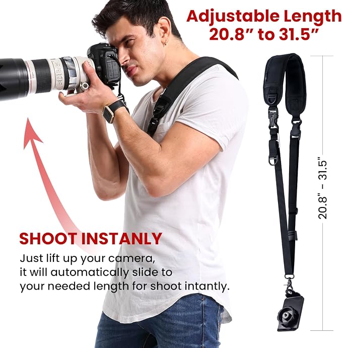 waka Rapid Camera Neck Strap with Quick Release and Safety Tether | Adjustable Camera Shoulder Sling Strap for Nikon Canon Sony Olympus DSLR Camera - Black - Image 6