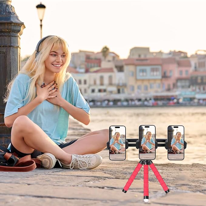 Triple-Clip Phone Holder, Smartphone Tripod Mount Adapter, Universal 360° Rotation Adjustable Clip Stand for Vlog Live Streaming Video Recording, Compatible with 1/4'' Screws - Image 5