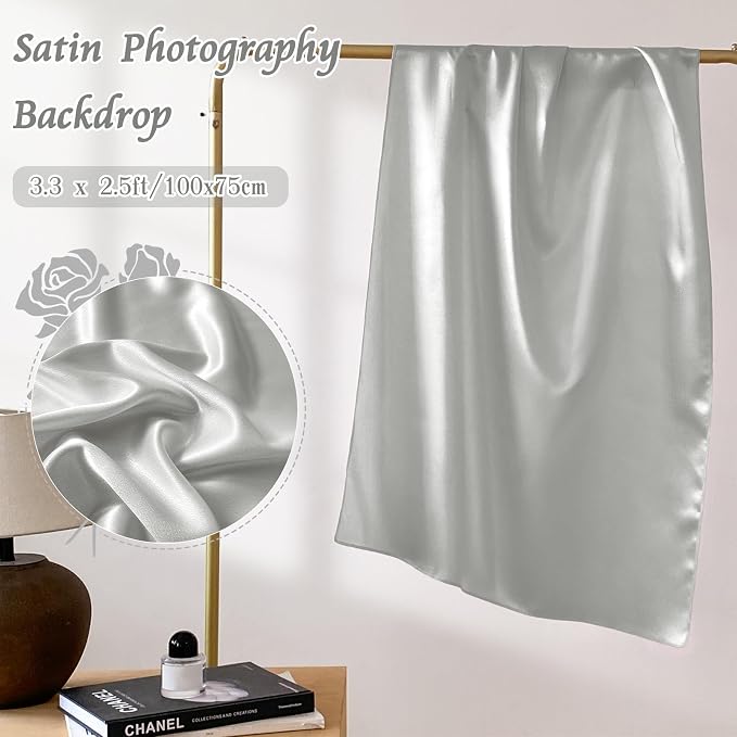 RUDONG M Satin Photography Backdrop, Grey, 3.3x2.5ft | Wrinkle-Free, Silky Fabric, For Jewelry/Cosmetics/Flat Lay/Studio, 100x75cm - Image 4