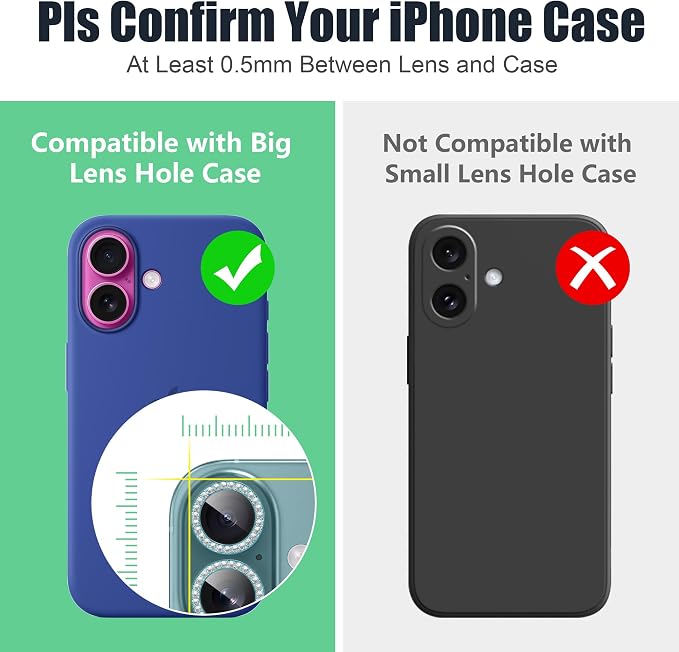 AGVEE 3+3 6 Pack for iPhone 16/16 Plus Camera Lens Protector Cover | Individual Bling Diamond & Bling Glitter Sparkle Cute Gem Metal Ring, 9H Tempered HD Glass - Image 3
