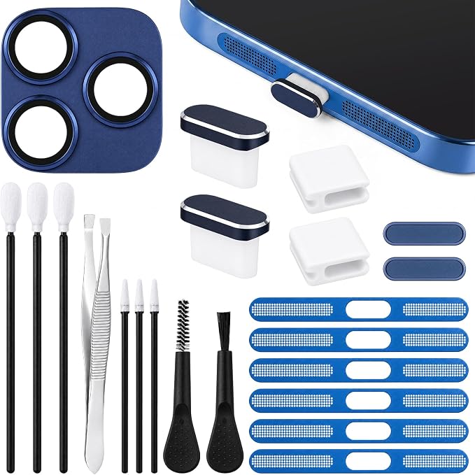 Tellegloww 22 Pcs Phone Cleaning and Protection Kit compatible with 17 Pro/17 Pro Max, Speaker Dust Mesh, Type C Port Cover, Camera Lens Protector, Camera Button Cover, Brushes and Tools Set(Blue) by Tellegloww