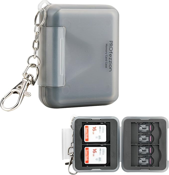 PROfezzion SD Card Holder Case for 4 SD/SDXC/SDHC & 8 microSD TF Memory | Small and Portable, Water-Resistant, Hard Shell with Soft Rubber Interior, Memory Card Organizer Storage Box with Keychain by PROfezzion