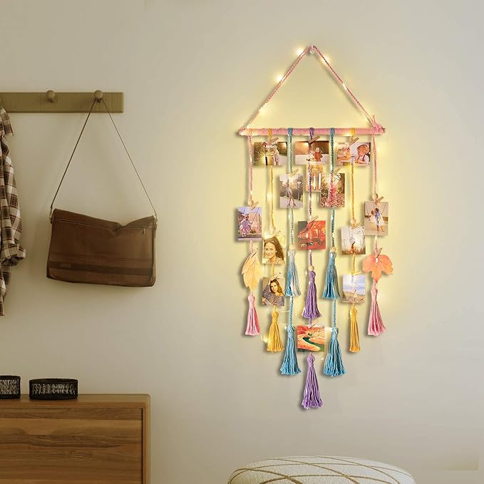 Homecor Room Decor for Teen Girls, Hanging Photo Display Macrame Picture Collage Wall Decor, Boho Decor for Bedroom Apartment Dorm Room with Remote Light, Christmas Birthday Gifts for Teenage Girls - Image 7