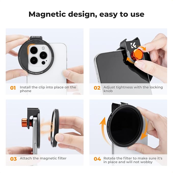 K&F CONCEPT Clip On 67mm Variable ND2-32 Magnetic Phone Lens Filter Kit | Magnetic Adapter Ring/Cold Shoe/Locking Knob, Neutral Density Filter Compatible with iPhone 16 15 Pro Max 14 13, FA303 - Image 6