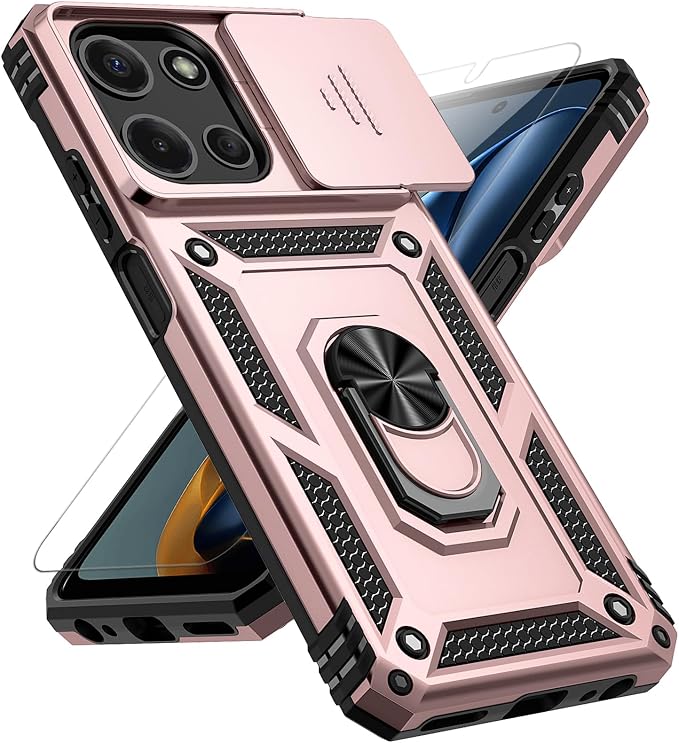 for Motorola Moto G 2025 / Moto G 2026 / Moto G Play 2026 Case, with Slide Camera Cover HD Screen Protector [Military Grade 16ft. Drop Tested] Ring Holder Kickstand Protective Phone Case, Rose Gold by PUSHIMEI