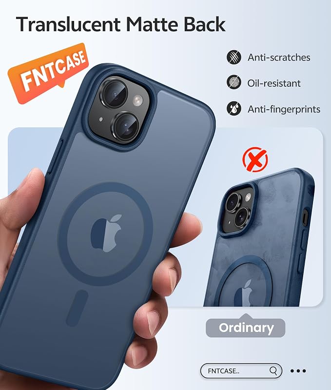 FNTCASE for iPhone 15/14 Plus Case, Fit for Magsafe, Screen Protector Blue | Translucent Matte Magnetic Back, 14FT Military Grade Drop Protection, Shockproof Protective Phone Cover, Blue - Image 6