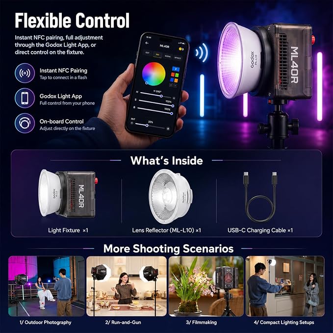 Godox ML40R RGB LED Video Light, Portable COB Photography Light with Built-in Battery, 1800K-10000K Full Color, 14 FX Effects, App Control, Magnetic Mount, ML-L10 Reflector for Vlog Live Streaming - Image 9