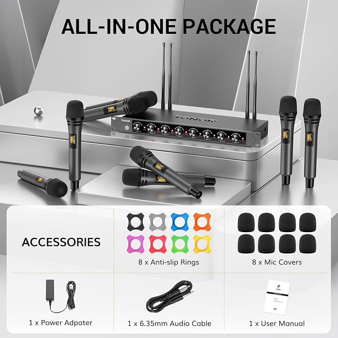TONOR Wireless Microphones System with 8x12 Channels Cordless Handheld Microfono Inalambrico, 90 m/295FT UHF Range, Mics with Stable Signal, Quick Mute for Karaoke Singing Party Church Wedding - Image 8