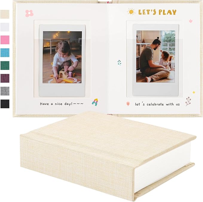 Instax Mini Photo Album with Writing Space, Linen Cover, Beige | Compatible with 2x3 inch & Polaroid Pictures, 28 Recessed Clear Pockets, Wedding Guest Book and Family Memories by Unknown