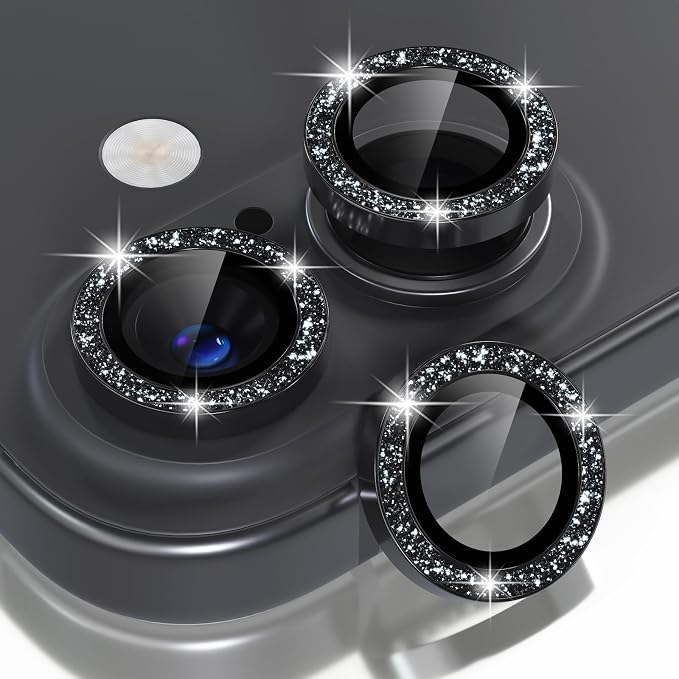 Choiche for iPhone 16/16 Plus Camera Lens Protector Bling, Glitter-Black | Ultra HD, 9H Tempered Glass Camera Cover Screen Protector Metal Individual Ring Decoration Accessories, 2-Lens, 6.1/6.7-inch by Choiche
