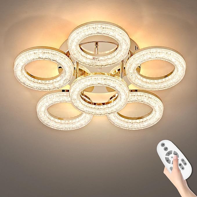 Modern Ceiling Light, 6 Rings 17.7'' Dimmable LED 60W Flush Mount Ceiling Lights with Remote Acrylic Crystal Round Ceiling Light Fixture, Bedroom Living Room Dining Room, Gold by OKELI