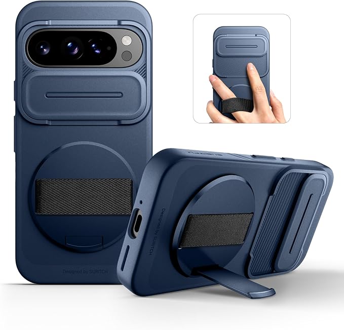 SURITCH for Google Pixel 9 Pro XL Case with 360° Rotatable Hand Strap Phone Grip Holder & Invisible Kickstand & Slide Camera Cover, Slim Rugged Shockproof Protective Cover for Pixel 9 Pro XL, Blue by SURITCH