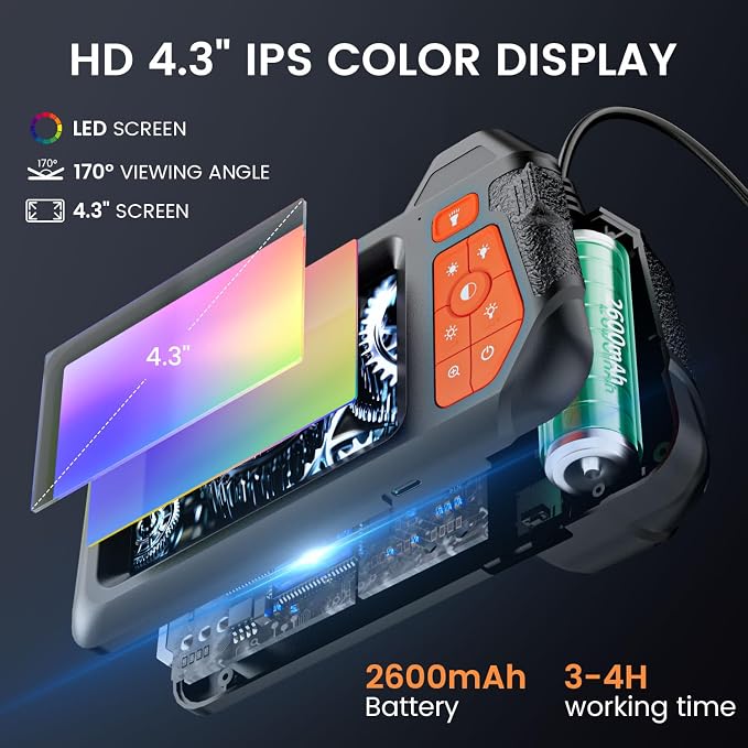 Endoscope Camera with Light: 4.3" 1080P HD Dual-Lens Inspection Borescope Camera for Sewer - 16.4ft Waterproof Industrial Endoscope - Flexible Snake Bore Scope for Plumbing Automotive - Image 3