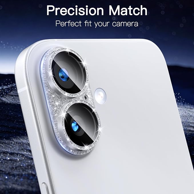 [2 Pack Bling Camera Lens Screen Protector for iPhone 17 with 9H Tempered Glass Aviation Aluminum Plate Cover Metal Ring,Night Circle,No Bubble,HD Clarity,Easy Installation-Glitter Silver - Image 7