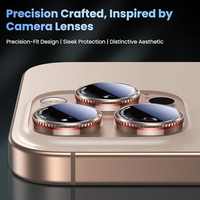 Uyiton for iPhone 17/16/15/14 (Pro Max & Pro) Camera Lens Protector | Unique Lines Text Design, Case-Friendly, Military-Grade Sapphire Glass Metal Camera Cover, Easy to Install, Gearwheel Gold - Image 2