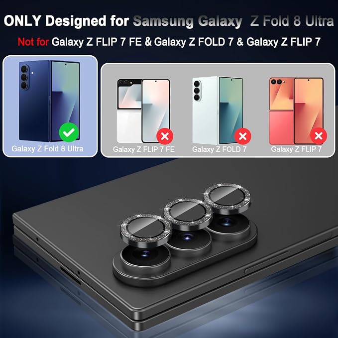 Meshine for Samsung Galaxy Z Fold 8 Ultra Camera Lens Protector,Scratch Proof,Strong Adsorption,9H Hardness with Metal Ring Camera Cover,Case Friendly,Accessories Lens Protector,Glitter Black - Image 2
