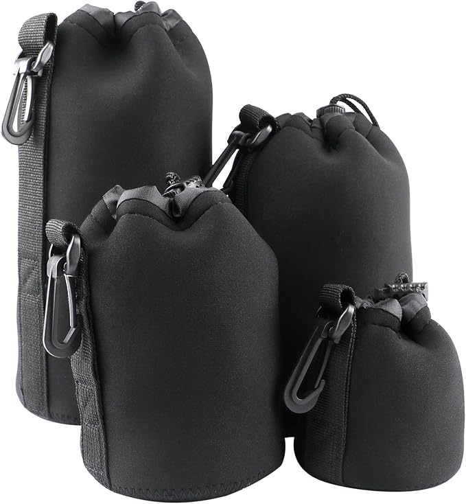 4pcs Camera Lens Bag,4 Sizes Protective Camera Lens Pouch Set with Drawstring Design,Soft Plush Neoprene Bag,Compatible with Canon, Nikon, Sony, Pentax, Olympus (Small, Medium, Large, X Large) by Unknown