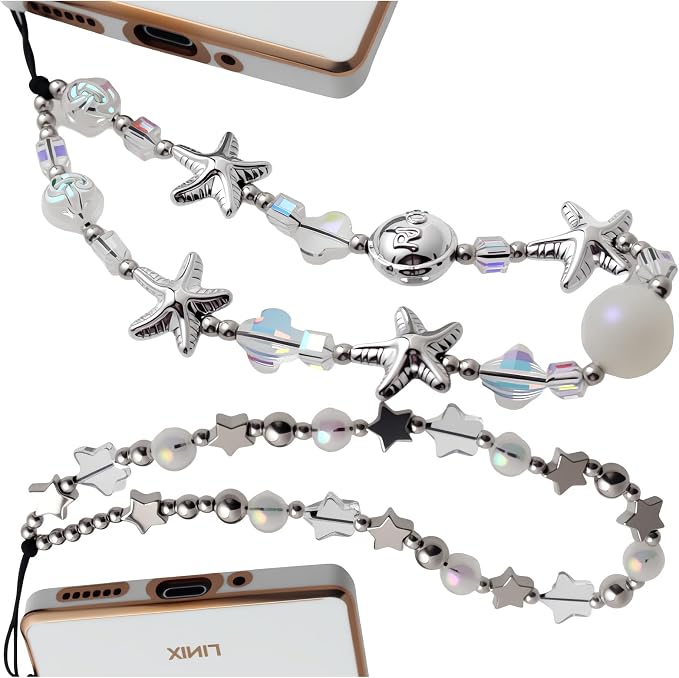 Beaded Camera Wrist Strap,Cute Phone Charm Decor,Pearl Bracelet Wrist Strap | Phone Keychain Decoration for Wallet,Durable Nylon Rope Lanyard,Compatible with all Phone Case,Silver Star by CMVFYL