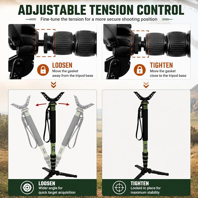 Hunting Monopod Shooting Tripod Stick Gun Rifle Rest | Tiltable and Horizontally Rotatable Tri-Stand Tripod Base, 21"-65" Height Adjustment, Matt Aluminum Construction - Image 2