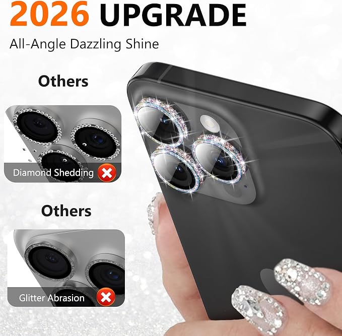 YWXTW [All-Over Glitter Camera Lens Protector for iPhone 17 Pro Max/17 Pro/16 Pro Max/16 Pro/15 Pro Max/15 Pro/14 Pro/Max, 9H Tempered Glass Camera Cover, Anti-Scratch Case Friendly (Multi-Coloured) - Image 2