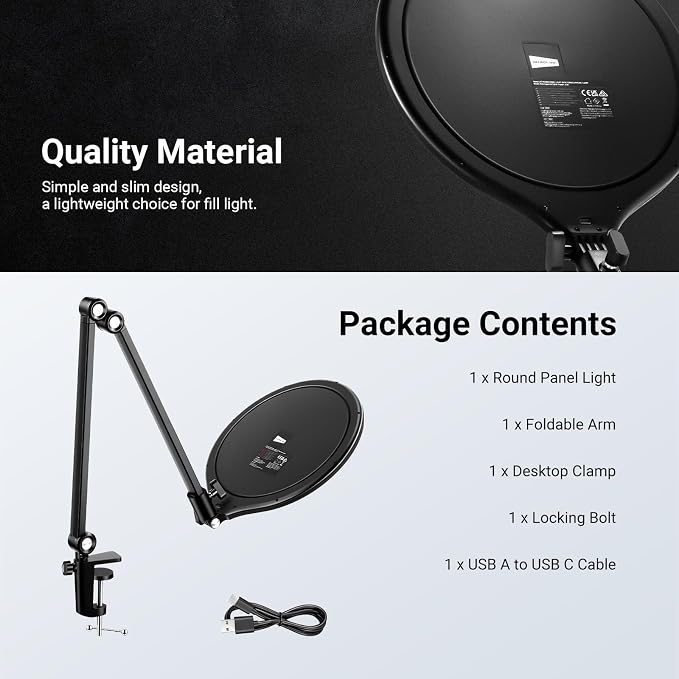 NEEWER Basics 10.5" Streaming Key Lighting, 3000-6500K 15W Full Screen LED Panel Ring Light with Adjustable Arm Stand Desk Clamp Timer for Laptop Computer Video Conference Zoom Makeup, R10 - Image 9