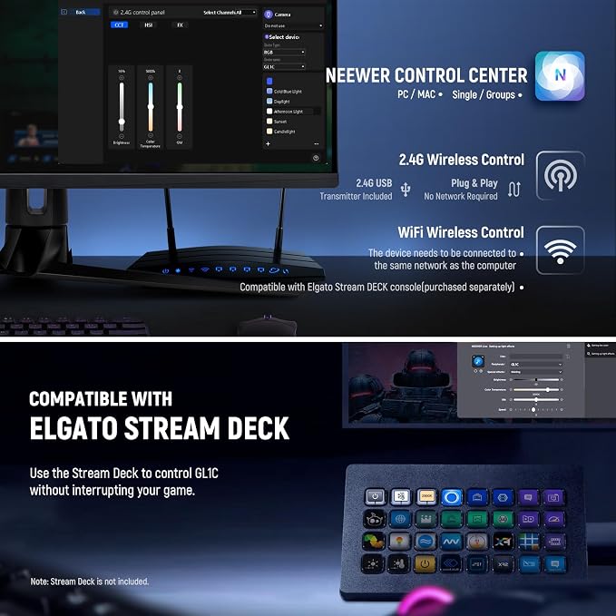 NEEWER GL1C RGB 15.5" Key Light, 48W Edge Lit Soft LED Video Panel Streaming Gaming Lighting with 2.4G PC/Mac iOS/Android APP/WiFi/Stream Deck Control, Touch Bar, 2900K-7000K, Music Sync, 18 Scenes - Image 3