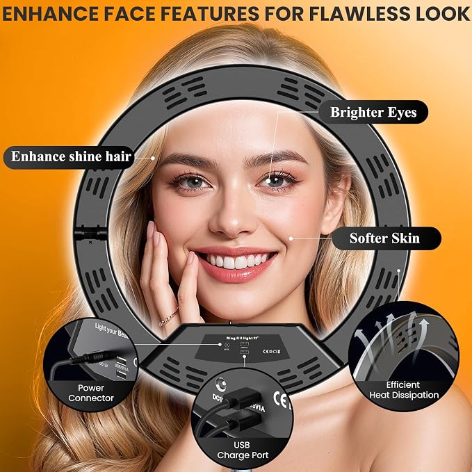 22" Ring Light with Stand: Lockable Wheels, LED Display & Foldable, | 75" Tripod Stand,3 Color modes 6500K / 2 USB Ports Large Ringlight , Video Recording Live Tattoo Makeup Barber Photography - Image 3