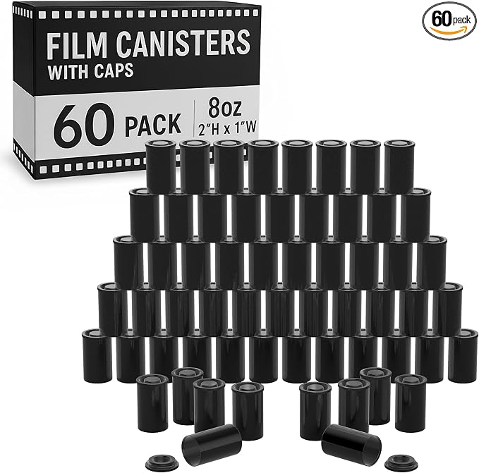 Film Canisters With Caps, Coin Storage, 35mm Case, Black, 8oz, 60 Pack | Houseables Film Canisters, Container With Lids, Cannisters for Rockets, Empty Camera Reel Holder, Bottles, Plastic 2"x1" by Houseables