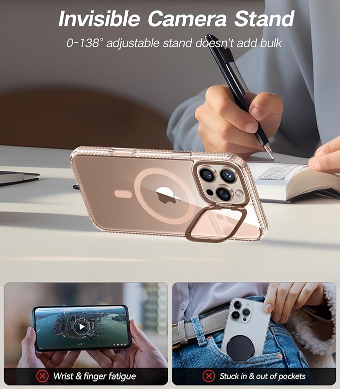 VOFATA [Upgraded] for iPhone 16 Pro Max Case with Camera Cover Stand [Fit for MagSafe][9H Camera Lens Protector] Mil-Grade Protection Transparent Magnetic iPhone 16 Pro Max Phone Case, Clear Gold - Image 3