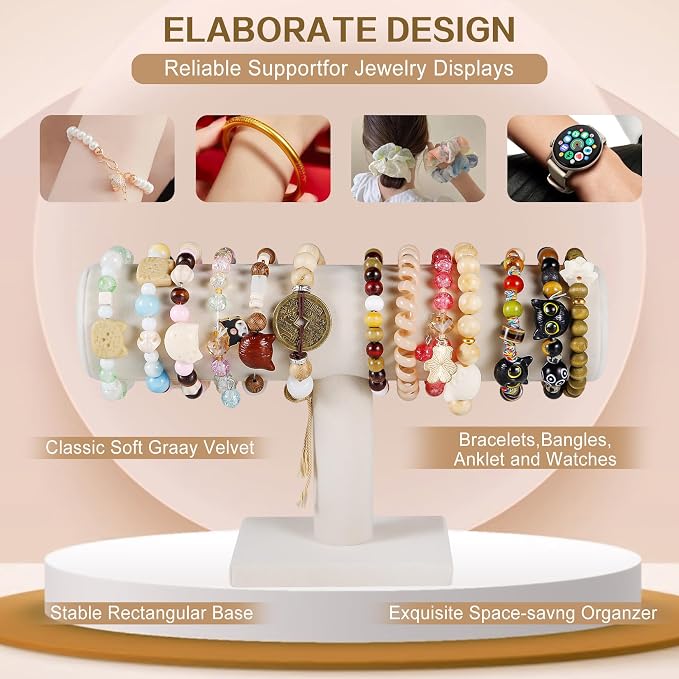 TENINYU Hovering T-Bar Bracelet Necklace Earring Bangle Pendants Anklet Tower Watch Key Jewelry Display Stand for Home Organization (Beige Velvet) - Image 3