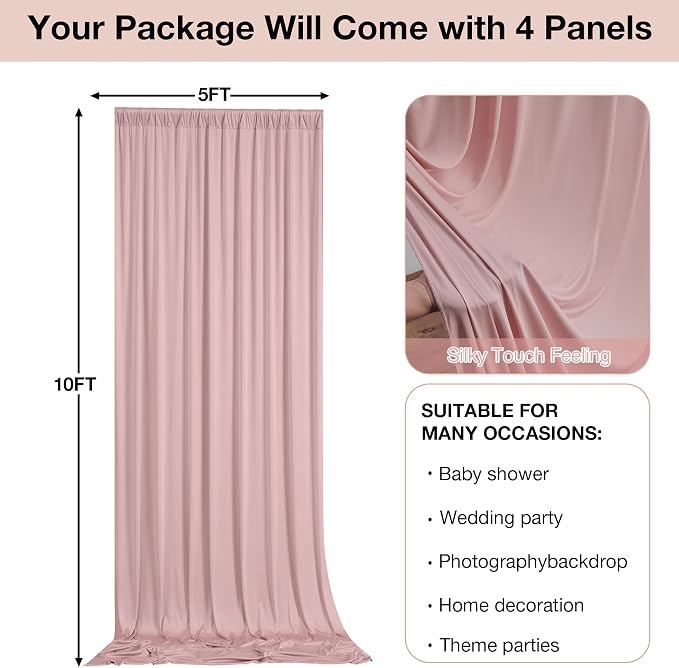 20ftx10ft Wrinkle Free Dusty Pink Backdrop Curtains for Parties, Silky Polyester Photo Backdrop Drapes 4 Panels 5x10ft Back Drop Cloth for Wedding Birthday Baby Shower Photography Background - Image 6