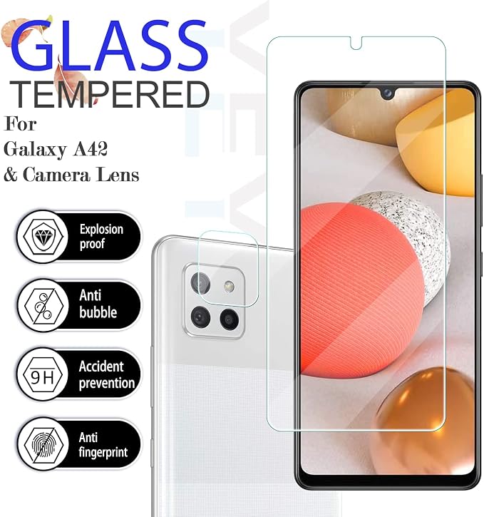 YEBF Samsung Galaxy A42 5G Screen Protector, 2 Pack, HD Clear Tempered Glass, 9H Hardness, Anti-Glare, Bubble-Free, Includes Camera Lens Protectors - Image 2