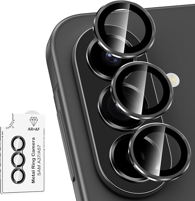 for Samsung Galaxy A37/A57 Camera Lens Protector, Individual Metal Ring Tempered Glass Lens Cover, [Strong Adsorption] Scratch Resistant Ultra-Thin HD Clear Lens Cover, 1 Set-Black Ring by Btscase