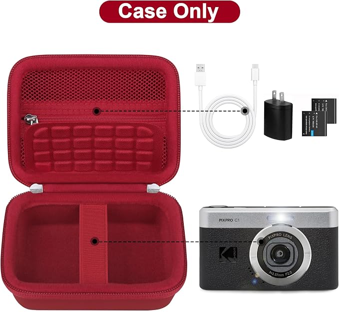 Canboc Carrying Case for KODAK PIXPRO C1 Friendly Zoom Digital Camera | For Canon PowerShot ELPH 360 HS A/ 360 HS/ 360/ IXY 650 Digital Camera, Mesh Pocket fit Cable, SD Card, Red (Case Only) - Image 2
