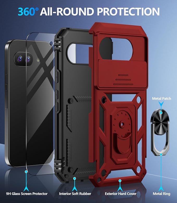 Taisairu for Google Pixel 9A Case with Screen Protector & Slide Camera Lens Cover, Built-in 360°Rotate Magnetic Ring Stand Shockproof Protective Phone Case for Google Pixel 9A Case (Red) - Image 2