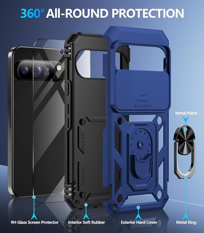 Taisairu for Google Pixel 10 Case/Pixel 10 Pro Case with Screen Protector & Slide Camera Lens Cover,Built-in Ring Stand Protective Phone Case for Pixel 10 Case/Google Pixel 10 Pro Case (Blue) - Image 2