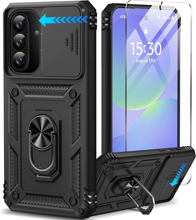 Taisairu for Samsung Galaxy A37 Case/A36 Case with Screen Protector & Slide Camera Lens Cover, Built-in Ring Stand Shockproof Protective Case for Samsung A37 5G Case/Samsung A36 5G Case (Black) by Taisairu