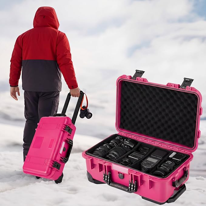 Relaxweex Rolling Camera Hard Case with Padded Dividers & Wheels, Impact-resistant Hard Shell Travel Case for Cameras, Lenses & Accessories(22 x 14 x 9 Inch,Rose Red) - Image 6