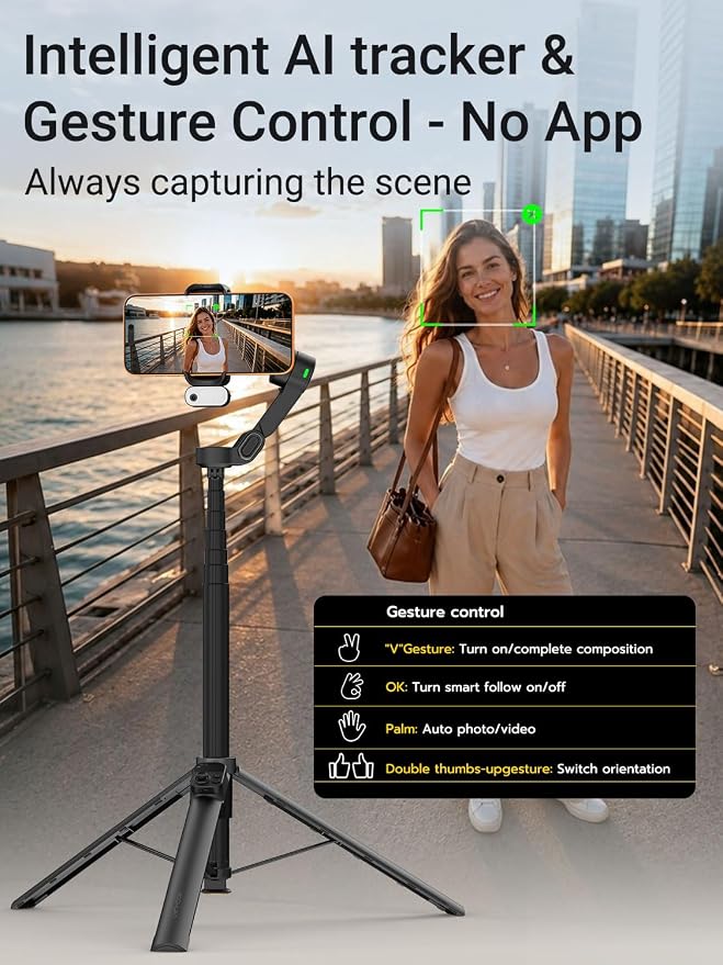 AOCHUAN Smart V3 70.9” Gimbal Stabilizer for iPhone w/AI Tracking Module | Remote Control & One-Touch Open Tripod for Phone Gimbal, 360° Pan Rotation Gimbal w/51" Extension Rod for Shooting,Fill Light - Image 8