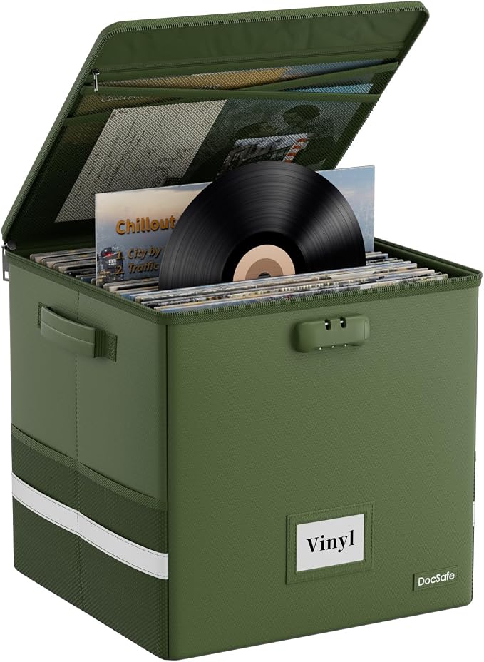 DocSafe Vinyl Record Storage Box with Lock, Fireproof＆Water Resistant Record Organizer for 100+ Single Records(12-inch), Collapsible Storage Crate with Lid&Handles for Valuable Album Collection,Green by DocSafe