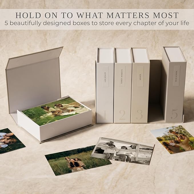 ZICOTO Decorative Photo Storage Box Set of 5 for 4x6 Pictures with Dividers | Sturdy Photo Album Organizer Boxes with Pre-printed Labels Keep Pictures Beautifully Organized on Your Home Decor Shelf - Image 2