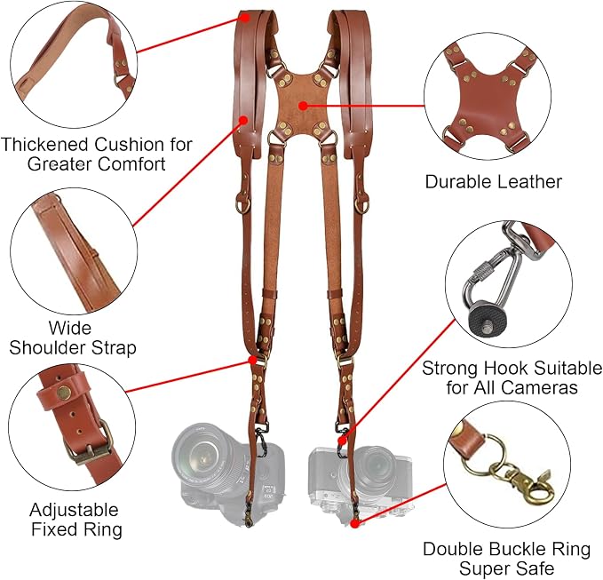 Camera Harness, Dual Camera Harness for Photographers, Leather Camera Strap for Two-Cameras for DSLR/SLR Strap - Image 2