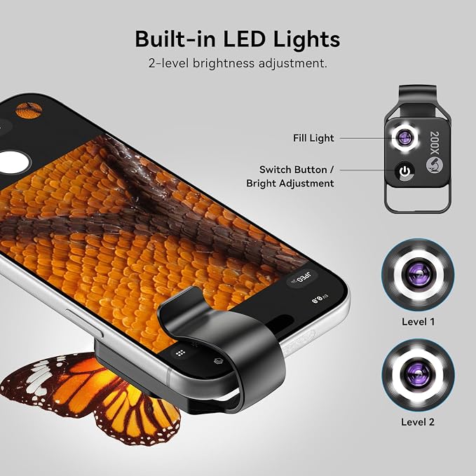 200X Phone Mini Pocket Microscope with CPL Filter, LED Light, Universal Clip, Nano Zoom Portable Digital Microscope Camera Attachments for 99% Smartphone - Image 4
